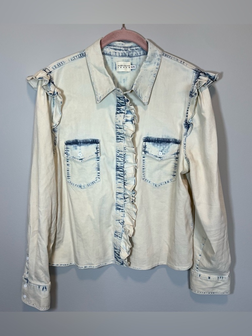 Alice + Olivia Jeans Women’s Bleached Ruffle Denim Button Up‎ Top XL